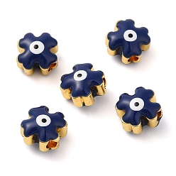 Prussian Blue Golden Tone Brass Enamel Beads, Cadmium Free & Lead Free, Long-Lasting Plated, Cross with Evil Eye, Prussian Blue, 8x8x6mm, Hole: 1.8mm