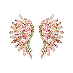Juicy Peach Sparkling Rhinestone Wings Stud Earrings, Golden Alloy Jewelry for Women, Juicy Peach, 55x29mm