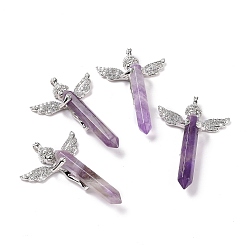 Amethyst Natural Amethyst Faceted Double Terminal Pointed Big Pendants, Angel Charms, with Platinum Tone Brass Findings, 54~56x34~36x11~12mm, Hole: 3mm