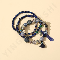 A blue color scheme Colorful Glass Beaded Tassel Bracelet Set for Women, Fashionable Gift for Friends and Couples