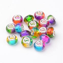 Mixed Color Resin European Beads, Large Hole Rondelle Beads, with Brass Cores, Silver Color Plated, Mixed Color, 14x9mm, Hole: 5mm