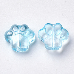 Light Sky Blue Transparent Spray Painted Glass Beads, with Glitter Powder, Dog Paw Prints, Light Sky Blue, 11x12x4.5mm, Hole: 1mm