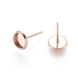 Rose Gold 304 Stainless Steel Stud Earring Settings, Flat Round, Rose Gold, Tray: 6mm, 8mm, Pin: 0.8mm