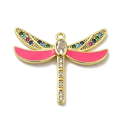 Deep Pink Rack Plating Brass Cubic Zirconia Pendants, with Enamel, Long-Lasting Plated, Lead Free & Cadmium Free, Real 18K Gold Plated, Dragonfly, Deep Pink, 25.5x30x3mm, Hole: 1.6mm