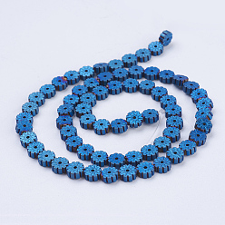 Blue Plated Electroplate Non-magnetic Synthetic Hematite Beads Strands, Frosted, Flat Round with Flower, Blue Plated, 6x2mm, Hole: 1mm, about 66pcs/strand, 15.9 inch(40.5cm)
