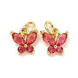 Cerise Rack Plating Brass Inlaid Cubic Zirconia Charms, with Jump Rings, Cadmium Free & Lead Free, Golden, Butterfly, Cerise, 10x10x3.5mm, Hole: 3.4mm