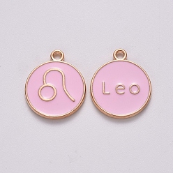 Leo Alloy Enamel Pendants, Cadmium Free & Lead Free, Flat Round with Constellation, Light Gold, Pink, Leo, 15x12x2mm, Hole: 1.5mm
