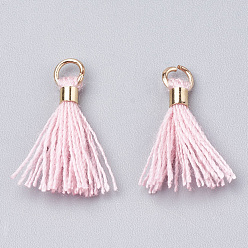 Pearl Pink Polycotton(Polyester Cotton) Tassel Pendant Decorations, Mini Tassel, with Brass Findings, Light Gold, Pearl Pink, 10~15x3~4mm, Hole: 2mm