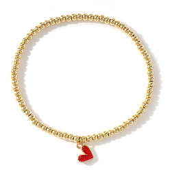 Красный Элегантные браслеты с эмалированными подвесками в виде сердечек, круглые латунные эластичные браслеты с бусинами, красные, внутренний диаметр: 6.89 дюйм (17.5 см)