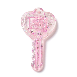 Pearl Pink Acylic Pendant with Glitter Powder, Key with Heart, Pearl Pink, 57.5x29.5x6mm, Hole: 2.3mm