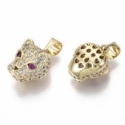 Real 18K Gold Plated Brass Micro Pave Cubic Zirconia Charms, Nickel Free, Leopard Head, Clear, Real 18K Gold Plated, 13.5x10.5x8mm, Hole: 4mm