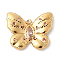 Розовый 304 подвески из нержавеющей стали, со стразами, бабочки прелести, реальный 18 k позолоченный, светло-розовый, 17x21x3 мм, отверстие : 1.6 мм