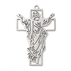 Stainless Steel Color 304 Stainless Steel Pendants, Jesus with Cross, Stainless Steel Color, 55x35x1.5mm, Hole: 2mm