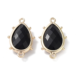 Obsidian Natural Obsidian Connector Charms, with Golden Plated Brass Edge Loops, Faceted, Teardrop, 24x14.5x5mm, Hole: 1.2mm & 1.4mm