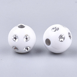 White Plating Acrylic Beads, Metal Enlaced, Round, White, 9~10x9mm, Hole: 2mm, about 1000pcs/500g