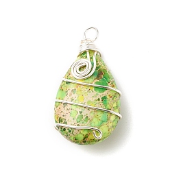 Silver Natural Imperial Jasper Pendants, with Eco-Friendly Copper Wire Wrapped, Dyed, Teardrop, Silver, 37.5~38.5x20.5~21x11.5mm, Hole: 3.7mm