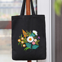 Colorful DIY Flower Pattern Black Canvas Tote Bag Embroidery Kit, including Embroidery Needles & Thread, Cotton Fabric, Plastic Embroidery Hoop, Colorful, 390x340mm