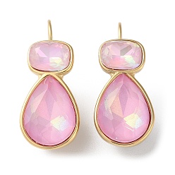 Pink 304 Stainless Steel with Glass Leverback Earrings, Teardrop, Pink, 30x16mm