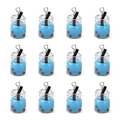Sky Blue Glass Bottle Pendants, with Resin Inside and Iron Findings, Imitation Bubble Tea/Boba Milk Tea, Sky Blue, 20~25x11~14x11mm, Hole: 1.8mm