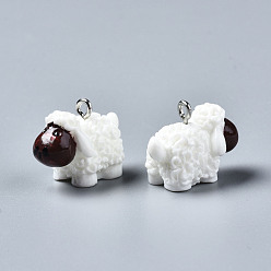 White Opaque Resin Pendants, with Platinum Tone Iron Loop, 3D Sheep, White, 15~16x22x13mm, Hole: 1.8mm