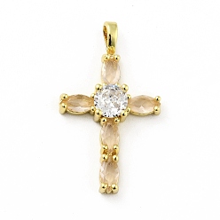 Beige Rack Plating Brass Micro Pave Cubic Zirconia Pendants, Long-Lasting Plated, Lead Free & Cadmium Free, Cross, Real 18K Gold Plated, Religion, Beige, 28.5x17x5mm, Hole: 2.5x4mm