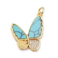 Synthetic Turquoise Brass Micro Pave Cubic Zirconia Pendants, with Synthetic Turquoise, Real 18K Gold Plated, Buttefly, 22.5x17x3mm, Hole: 3mm, Jump Ring: 5x1mm