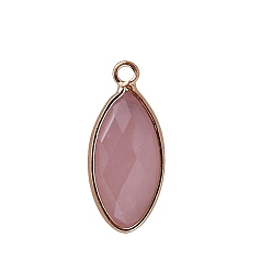 Rose Quartz Natural Rose Quartz Pendants, with Golden Plated Brass Edge, Faceted, Horse Eye Charms, 17x9mm