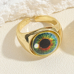Colorful Resin Devil's Eye Cuff Rings, Adjustable Rings, Real 14K Gold Plated Brass Evil Eye Ring for Men Women, Colorful, 20x16mm