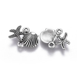 Thai Sterling Silver Plated Tibetan Style Alloy Links connectors, Ocean Theme, Lead Free & Nickel Free & Cadmium Free, Starfish/Sea Stars and Scallop Shell Shape, Thailand Sterling Silver Plated, 18x13.5x2.5mm, Hole: 1.5mm