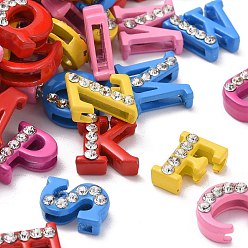 Letter Spray Painted Zinc Alloy Slide Charms,with Crystal Rhinestone, Letter Slide Charms, Mixed Color, Random Mixed Letter, 12~13x3.5~12x4.5mm, Hole: 8x2mm
