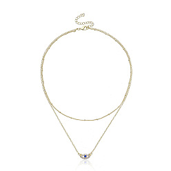 5# Double-layer Blue Eyes 14K Full Diamond Round Geometric Pendant Necklace for Women - Fashionable and Minimalist Devil's Eye Jewelry
