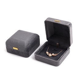 Dark Gray Square Velvet Pendant Storage Boxes with Golden Iron Clips, Jewerly Gift Case for Pendant Necklaces, Dark Gray, 76x76x43mm