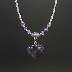 Amethyst Natural Gemstone Heart Pendant Colorful Glass Seed Beads Beaded Necklaces for Women, Platinum, 17.72 inch(45cm)