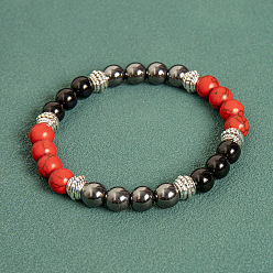 Бирюза Синтетические красные бирюзовые круглые бусины стрейч btacelets для мужчин, с не-магнитных шариков гематита