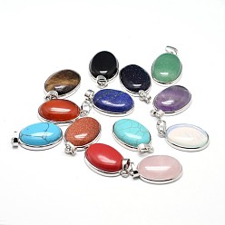 Mixed Stone Oval Platinum Plated Brass Natural & Synthetic Mixed Stone Pendants, Cadmium Free & Lead Free, 31x20x7.5mm, Hole: 5x8mm
