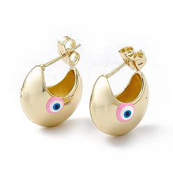 Pearl Pink Enamel Crescent Moon with Evil Eye Stud Earrings, Real 18K Gold Plated Brass Half Hoop Earrings for Women, Pearl Pink, 16.5x18mm, Pin: 1mm