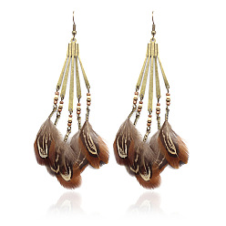 RH103 Retro Metal Bead Feather Pendant Earrings with European and American Exaggerated Tassels