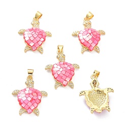 Deep Pink Real 18K Gold Plated Brass Micro Pave Clear Cubic Zirconia Pendants, with Shell filled in Enamel, Long-Lasting Plated, Turtle, Deep Pink, 26x21x5.5mm, Hole: 4x3.5mm