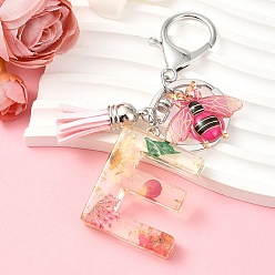 Letter E Resin & Acrylic & Faux Suede Tassel Keychain, with Alloy Clasp and Iron Rings, Letter E, 10cm