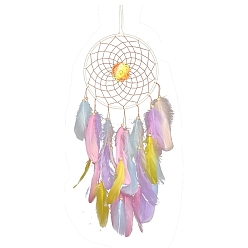 Colorful Flower Woven Web/Net with Feather Wall Hanging Decorations, with Iron Ring, for Home Bedroom Decorations, Colorful, 570mm