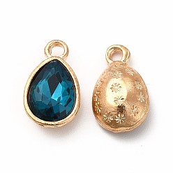 Marine Blue Faceted Glass Rhinestone Pendants, with Golden Tone Zinc Alloy Findings, Teardrop Charms, Marine Blue, 15x9x5mm, Hole: 2mm
