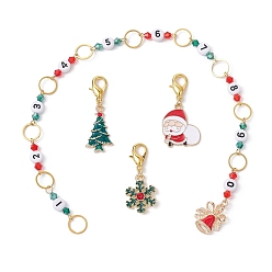 Mixed Color 4Pcs Christmas Theme Knitting Row Counter Chains & Locking Stitch Markers Kits, with Snowflake Santa Claus Bell Alloy Enamel Pendant, Mixed Color, 3.85~30.3cm