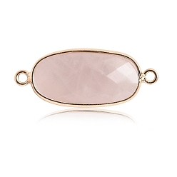 Rose Quartz Natural Rose Quartz Connector Charms, with Golden Tone Brass Edge, Faceted, Oval Links, 22x12mm