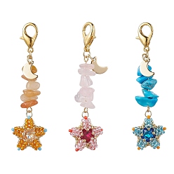 Mixed Stone TOHO Seed Pendant Decorations, with Synthetic & Natural Mixed Gemstone Beads and Pointed Back & Back Plated K9 Glass Rhinestone Cabochons, Zinc Alloy Lobster Claw Clasps, Star, 65~66mm, Pendants: 49~50x18~19x6~7mm, about 3pcs/set