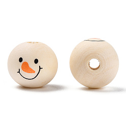 PapayaWhip Unfinished Natural Wood Beads, Wooden Smile Face Print Round Beads, PapayaWhip, 19.5x17.5mm, Hole: 3.5~4mm