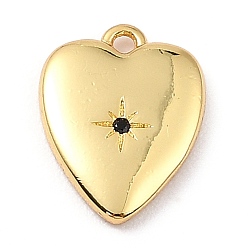 Black Brass Micro Pave Cubic Zirconia Charms, Long-Lasting Plated, Real 18K Gold Plated, Heart with Star, Black, 13x10x2mm, Hole: 1mm
