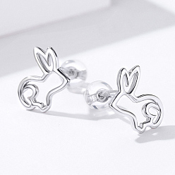 Platinum Rhodium Plated 925 Sterling Silver Bunny Stud Earrings, Rabbit Silhouette, with 925 Stamp, Platinum, 12x9mm