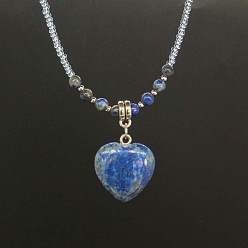 Lapis Lazuli Natural Gemstone Heart Pendant Colorful Glass Seed Beads Beaded Necklaces for Women, Platinum, 17.72 inch(45cm)
