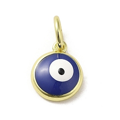 Midnight Blue Brass Enamel Charms, with Jump Ring, Real 18K Gold Plated, Flat Round with Evil Eye Charm, Midnight Blue, 11x9x3.5mm, Hole: 3.6mm