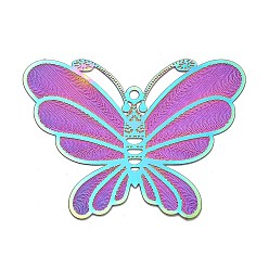 Rainbow Color 304 Stainless Steel Pendants, Etched Metal Embellishments, Butterfly Charm, Rainbow Color, 30.5x41x0.3mm, Hole: 1.6mm
